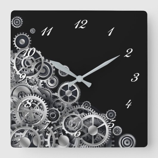 Steampunk Silver Gears Square Wall klok (Voorkant)