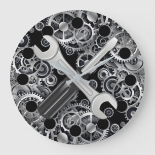 Steampunk Silver Gears & Tools Round Wall Clock Grote Klok