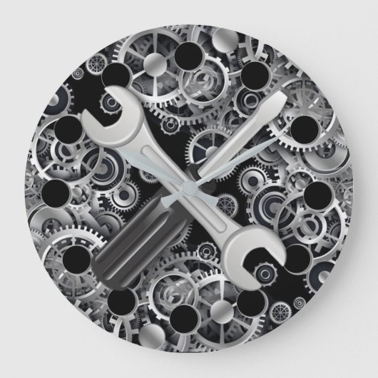 Steampunk Silver Gears & Tools Round Wall Clock Grote Klok (Voorkant)