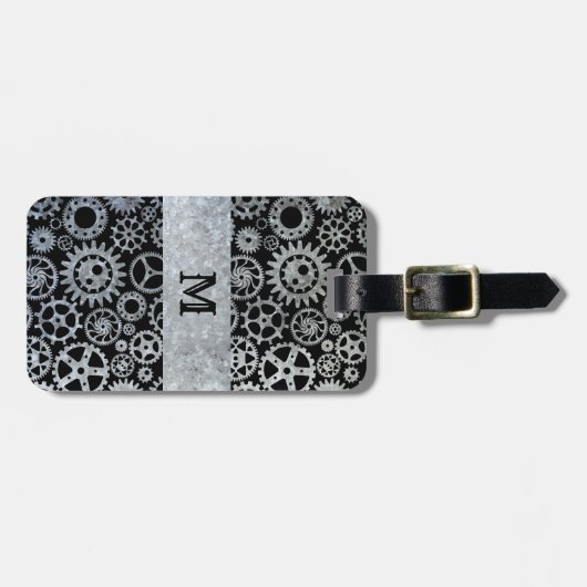 Steampunk Silver Zinc Gears Aangepast monogram Bagagelabel (Voorkant horizontaal)
