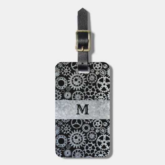 Steampunk Silver Zinc Gears Aangepast monogram Bagagelabel (Voorkant verticaal)