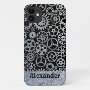 Steampunk Silver Zinc Gears Aangepaste naam iPhone 11 Hoesje