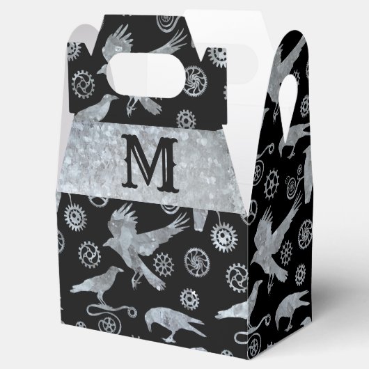 Steampunk Silver Zinc Gears & Crows Monogram Bedankdoosjes (Geopend)