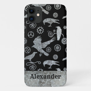 Steampunk Silver Zinc Gears en Crows Custom Name iPhone 11 Hoesje