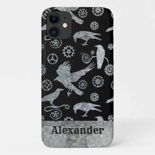 Steampunk Silver Zinc Gears en Crows Custom Name Case-Mate iPhone Case (Achterkant)