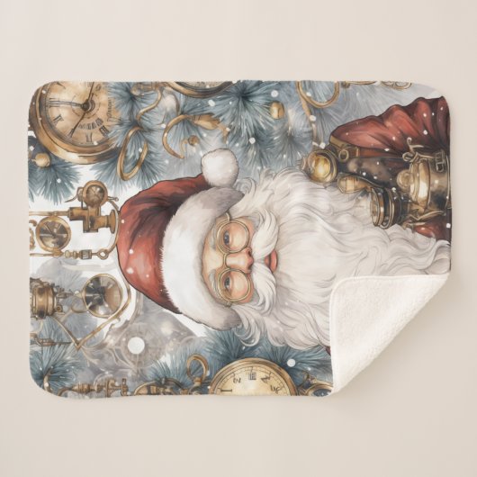 Steampunk Sinterklaas Klok Werk en Sneeuwbomen Sherpa Deken (Voorkant (horizontaal))