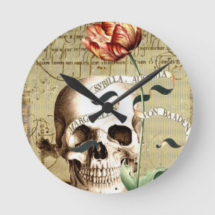Steampunk Skull Floral die Halloween schrijft Ronde Klok