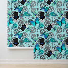 Steampunk Skulls and Gears Pattern Blue Behang