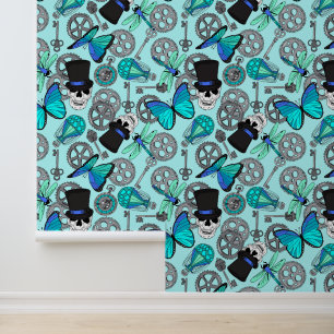 Steampunk Skulls and Gears Pattern Blue Behang