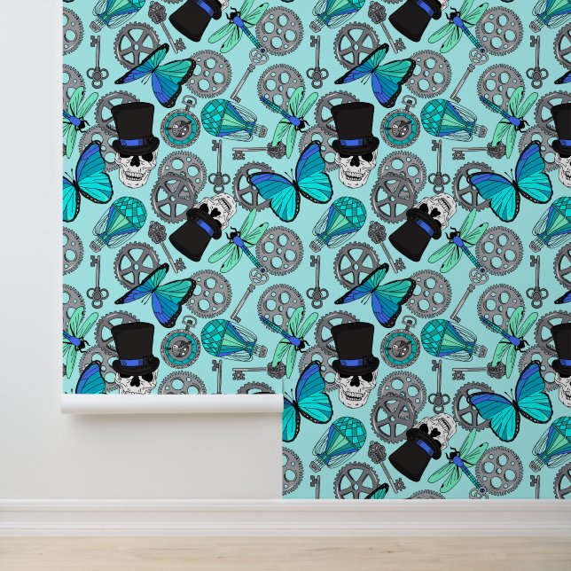 Steampunk Skulls and Gears Pattern Blue Behang (Applicatie)