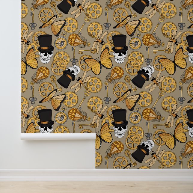 Steampunk Skulls Top Hats Gears Patroon Bruin Behang (Applicatie)