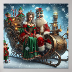 Steampunk slee ~ Kerstman met vrouw en elfen Poster