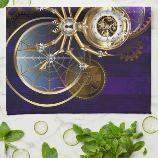 Steampunk Spider op Paarse achtergrond Theedoek (Gevouwen)