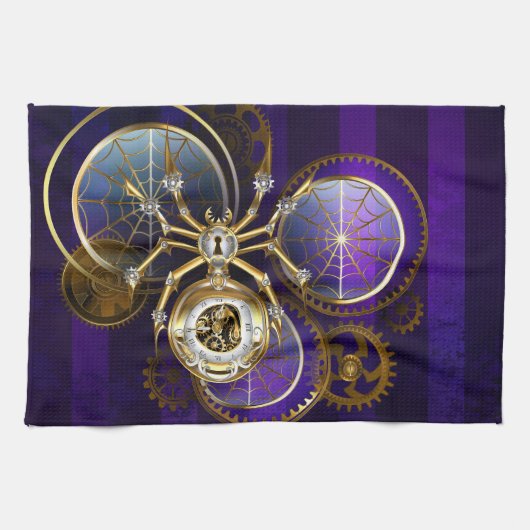 Steampunk Spider op Paarse achtergrond Theedoek (Horizontaal)