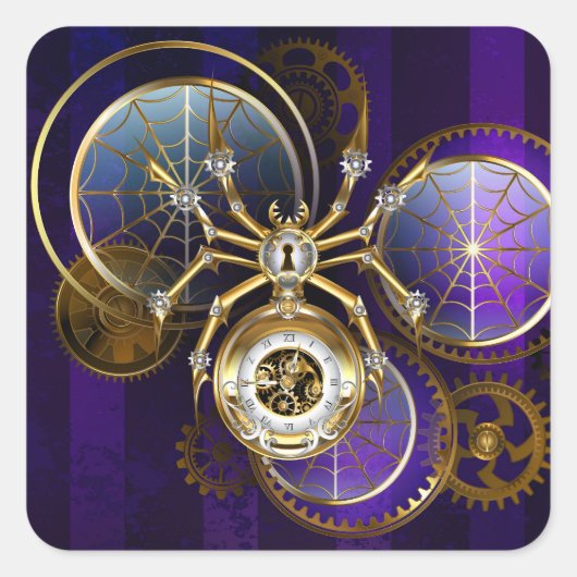 Steampunk Spider op Paarse achtergrond Vierkante Sticker (Voorkant)