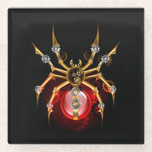 Steampunk spin op zwart glazen onderzetter (Voorkant)