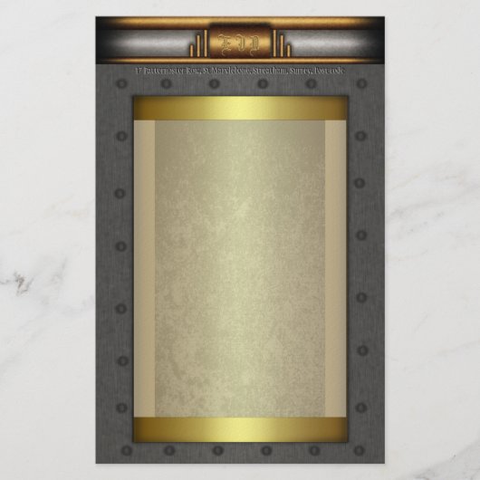 Steampunk steel rivet lijst op goud en messing briefpapier (Voorkant)