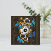 Steampunk tandwielen en blauwe vlinders advieskaart (Staand voorkant)