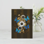 Steampunk tandwielen en blauwe vlinders bedankkaart (Staand voorkant)