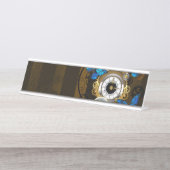 Steampunk tandwielen en blauwe vlinders bureau naambordje (Voorkant)