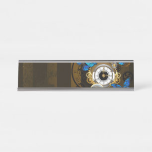 Steampunk tandwielen en blauwe vlinders bureau naambordje