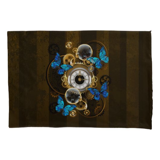 Steampunk tandwielen en blauwe vlinders kussensloop (Voorkant)
