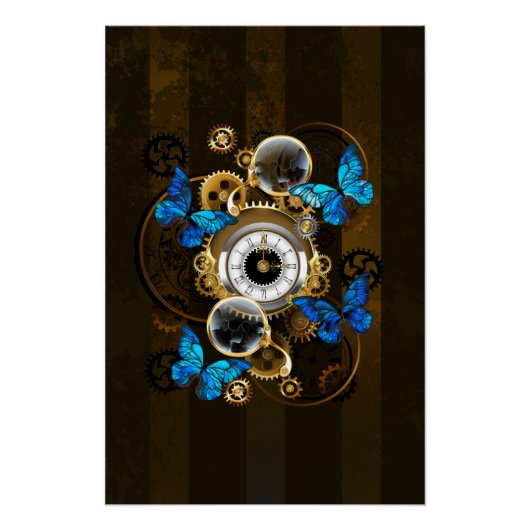 Steampunk tandwielen en blauwe vlinders perfect poster (Voorkant)