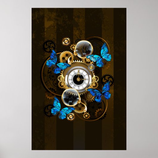 Steampunk tandwielen en blauwe vlinders poster (Voorkant)