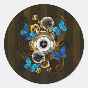 Steampunk tandwielen en blauwe vlinders ronde sticker