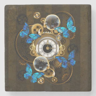 Steampunk tandwielen en blauwe vlinders stenen onderzetter