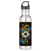 Steampunk tandwielen en blauwe vlinders waterfles  (Voorkant)