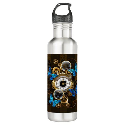 Steampunk tandwielen en blauwe vlinders waterfles  (Voorkant)