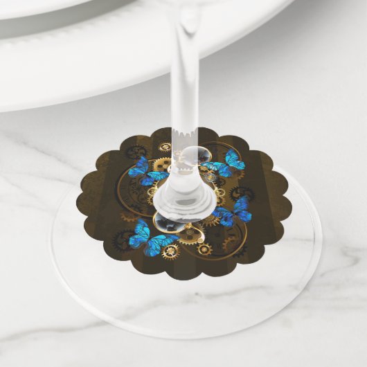 Steampunk tandwielen en blauwe vlinders wijnglaslabel (Dichtbij)