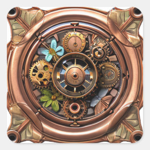 Steampunk Tandwielen en Bloemen Koper en Goud Meta Vierkante Sticker