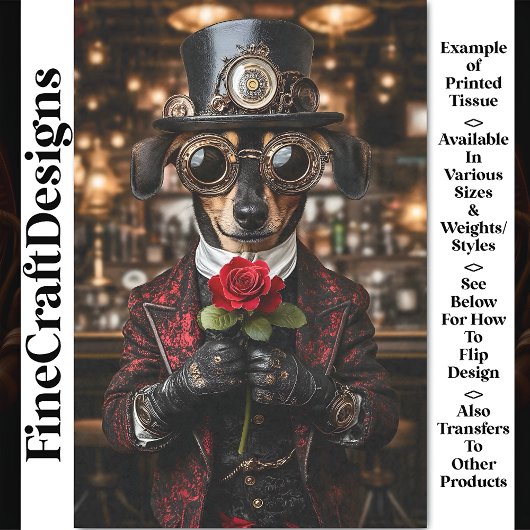 Steampunk teckel hond + rode roos AH1O decoupage Tissuepapier
