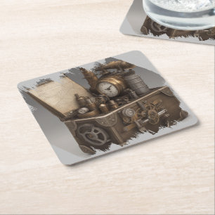 Steampunk tijdmachine -  schatkist vierkante kartonnen onderzetter