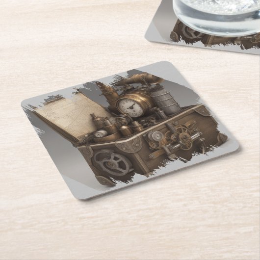 Steampunk tijdmachine -  schatkist vierkante kartonnen onderzetter (Schuin)