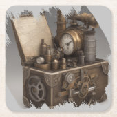 Steampunk tijdmachine -  schatkist vierkante kartonnen onderzetter (Voorkant)