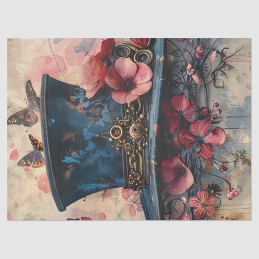 Steampunk Top Hat Vlinders Bloemen Decoupage Tissuepapier (Voorkant)