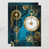 Steampunk turquoise Achtergrond met tandwielen Aankondiging (Voorkant / Achterkant)