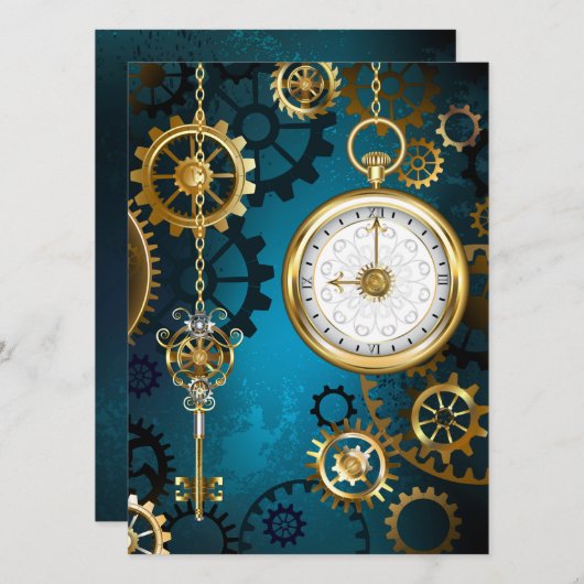 Steampunk turquoise Achtergrond met tandwielen Aankondiging (Voorkant / Achterkant)