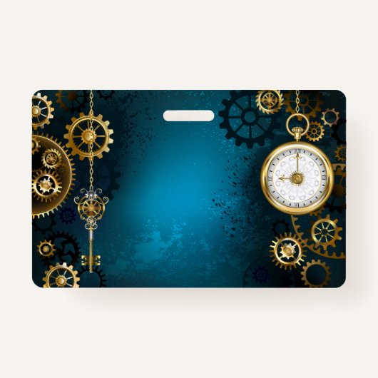 Steampunk turquoise Achtergrond met tandwielen Badge (Voorkant)