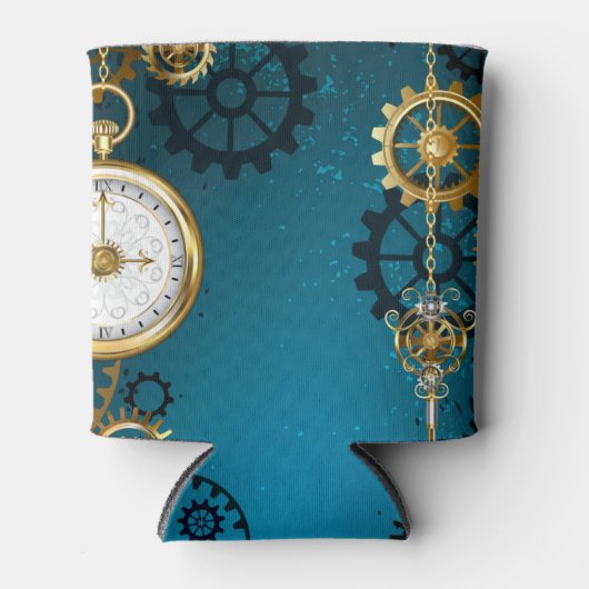 Steampunk turquoise Achtergrond met tandwielen Blikjeskoeler (Voorkant)