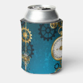 Steampunk turquoise Achtergrond met tandwielen Blikjeskoeler (Blikje Achterkant)