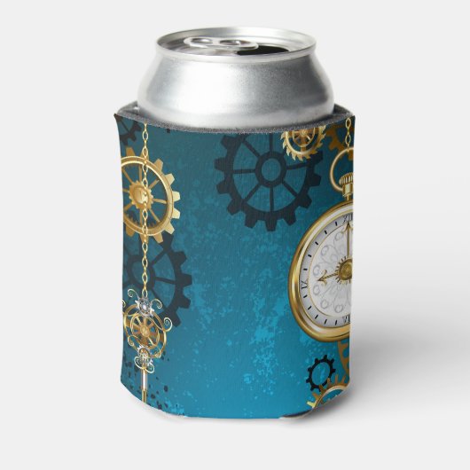 Steampunk turquoise Achtergrond met tandwielen Blikjeskoeler (Blikje Achterkant)