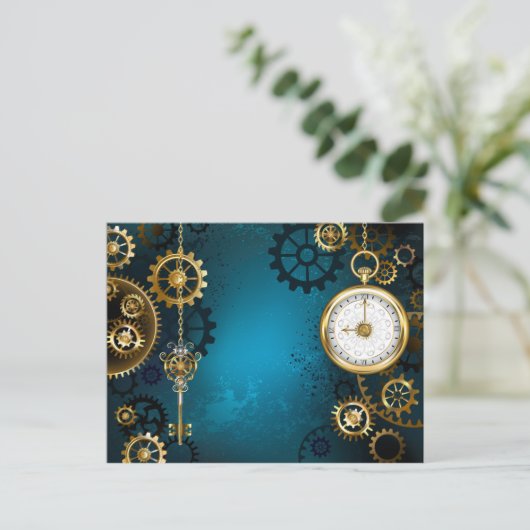 Steampunk turquoise Achtergrond met tandwielen Briefkaart (Staand voorkant)
