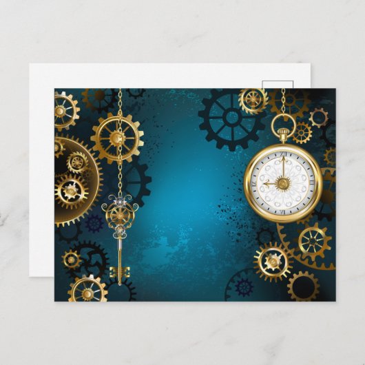 Steampunk turquoise Achtergrond met tandwielen Briefkaart (Voorkant / Achterkant)
