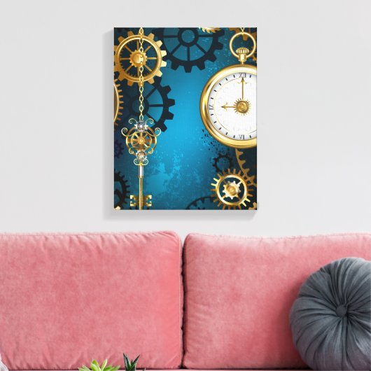 Steampunk turquoise Achtergrond met tandwielen Canvas Afdruk (Insitu (Woonkamer))