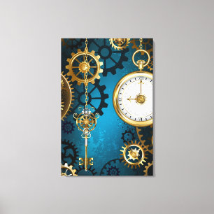 Steampunk turquoise Achtergrond met tandwielen Canvas Afdruk
