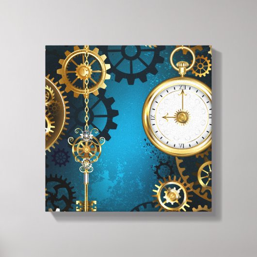Steampunk turquoise Achtergrond met tandwielen Canvas Afdruk (Voorkant)